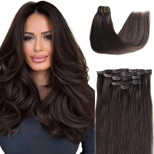 Miniatura 12 de Extensiones de cabello humano con pinzas, 12 pulgadas, extensiones de cabello humano real con pinzas, 2.47 onzas, 5 unidades, color marrón dorado a