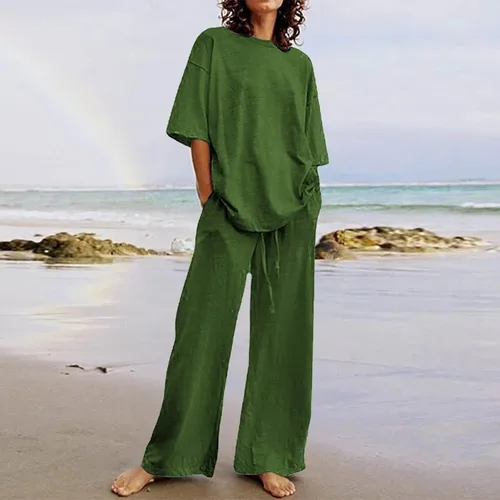 Miniatura 4 de Conjuntos de verano de 2 piezas para mujer, conjuntos elegantes y casuales de color liso, para verano, otoño, cuello redondo, tops y pantalones