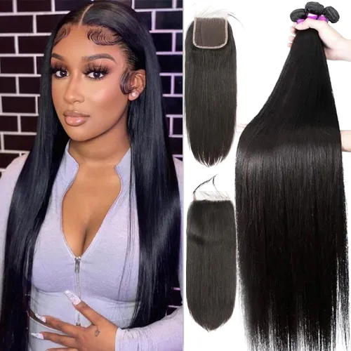 Miniatura 26 de Paquetes de pelo lacio brasileño, cabello humano virgen 100% sin procesar, color negro natural, 4 paquetes, 12, 14, 16 y 18 pulgadas