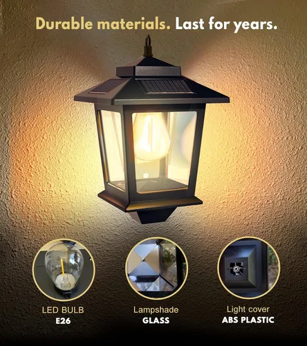 Miniatura 5 de PASAMIC Paquete de 2 faroles solares de pared, luces colgantes para exteriores con 4 paneles solares, aplique de pared LED del atardecer al Negro