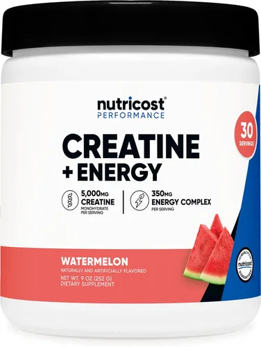 Nutricost Creatina + Energía 30 porciones (sabor a sandía) – 5,000 mg de monohidrato de creatina + 350 mg de complejo energético por porción