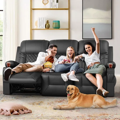 Miniatura 5 de FURNIMAT Sofá reclinable, sofá reclinable doble de 3 asientos, sofá biplaza de piel sintética, moderna silla reclinable para sala de estar, con Negro