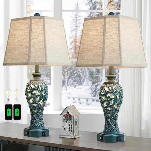 Miniatura 15 de Lámpara de mesa de granja de 25 pulgadas para sala de estar y dormitorio, lámpara de noche de diseño rústico vintage con 2 puertos USB y luz
