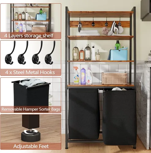 Miniatura 4 de Furnulem Organizador de Ropa de 4 Niveles con Estante y Ganchos, Cesta de Lavandería Alta Clasificadora con 2 Bolsas Removibles, Organizadores