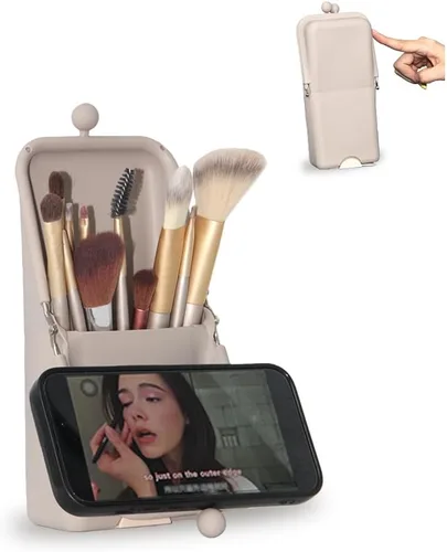 Miniatura 8 de sostenedor del cepillo del maquillaje del silicón, bolso cosmético portátil suave y elegante impermeable del viaje, bolso del maquillaje de pie