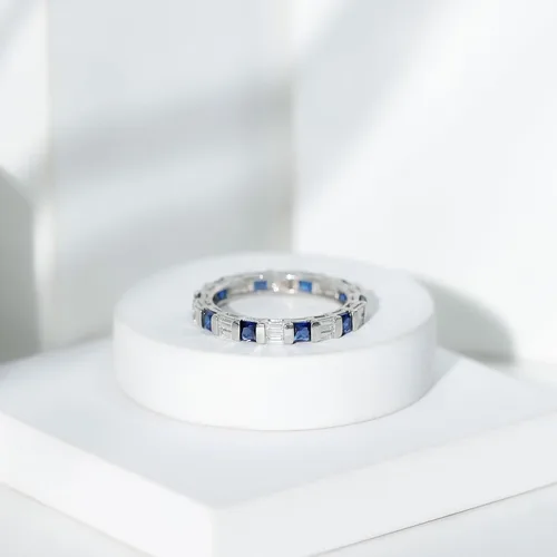 Miniatura 5 de Certified Lab Grown Blue Sapphire Eternity Band, AAAA Quality, Sapphire Moissanite Anniversary Ring - Ready To Gift