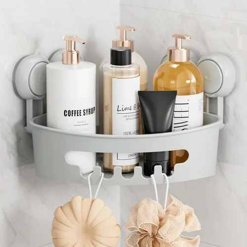 TAILI Organizador de ducha de esquina con ventosas, organizador de pared montado, estante de plástico para baños pequeños, cocina, cesta de estante