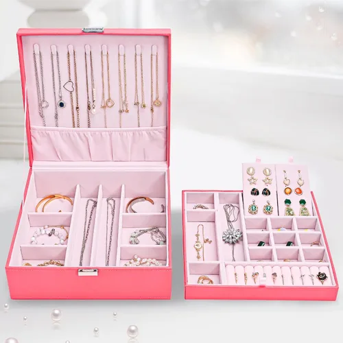 Miniatura 8 de Joyero para mujeres, niñas, novia, esposa, organizador de joyas de cuero grande, estuche de almacenamiento con dos capas para aretes, pulseras