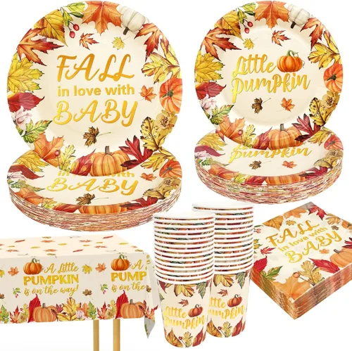 El juego de decoraciones de baby shower de calabaza pequeña sirve 30, platos y servilletas de baby shower con temática de otoño, baby shower,