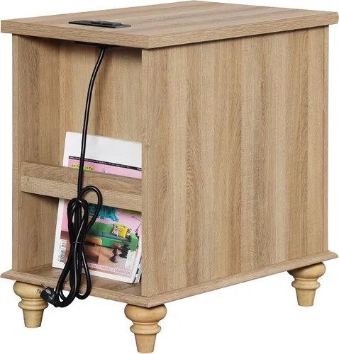 Miniatura 7 de WAMPAT Mesa auxiliar estrecha de roble con estación de carga, mesa auxiliar de granja con patas de madera maciza, mesita de noche de madera