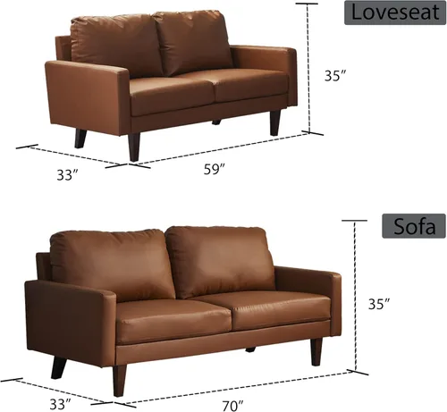 Miniatura 3 de INSTORY Sofá de dos plazas de cuero cómodo sofá moderno con patas de madera para sala de estar, oficina - marrón