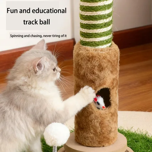 Miniatura 6 de Poste rascador interactivo para gatos de 35 pulgadas de alto con hojas de eucalipto artificiales, árbol para gatos con bolas de madera y cuerda