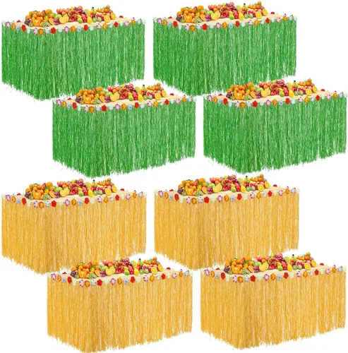 Miniatura 9 de Juexica Paquete de 8 faldas de mesa de hierba Luau de 9 x 30 pulgadas, falda de mesa hawaiana de flores de hibisco sintético, decoraciones de fiesta