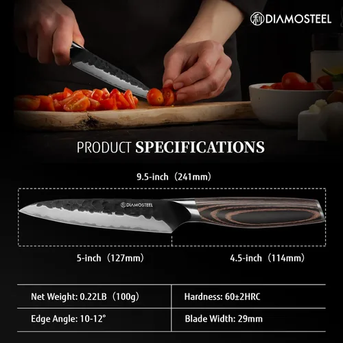 Miniatura 4 de Cuchillo utilitario – Cuchillo profesional de cocina de 5 pulgadas – Hoja de óxido negro martillado japonés 9CR18MOV acero inoxidable de alto
