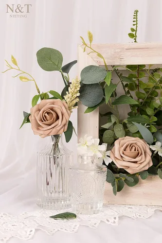 Miniatura 20 de N&T NIETING Flores artificiales, rosas artificiales de color rosa intenso, 50 piezas de flores falsas con tallo para ramos de boda DIY, centros