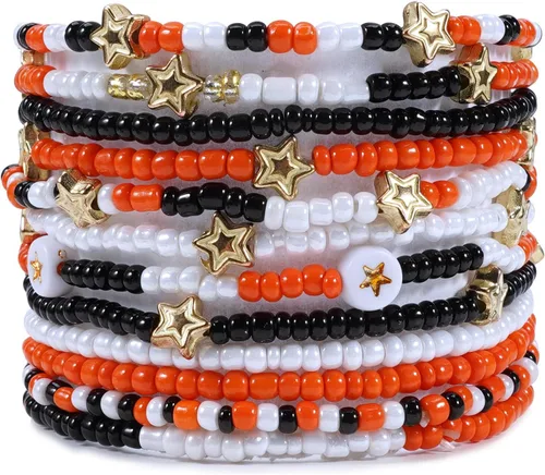 Miniatura 26 de Ardorchid Pulseras de Halloween para Mujeres Calabaza Fantasma Esqueleto Murciélago Calavera con Cuentas Apilables Elásticas Rugby Acción de Gracias