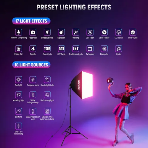 Miniatura 6 de NEEWER Paquete de 2 kits de iluminación RGB equivalente a 520 W con control de aplicación y 9 efectos, bombillas LED de 26 W CRI93+ TLCI98+