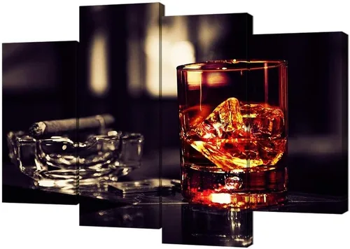 VVOVV Wall Decor - Whisky marrón en tazas con lienzo de hielo, impresión artística de pared, pintura de vino, cuadros enmarcados, cenicero para