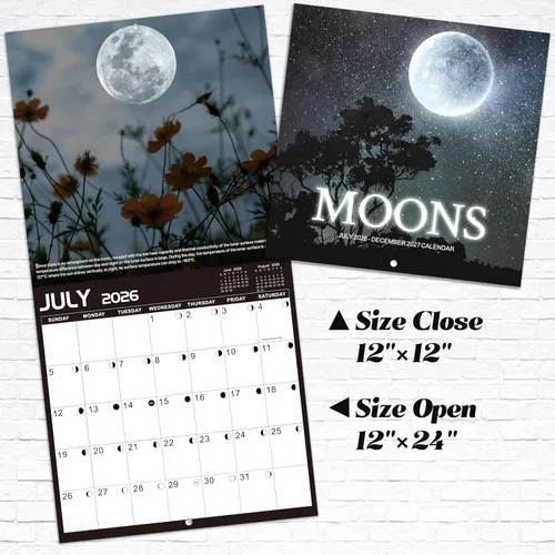Miniatura 4 de Calendario de pared 2026, enero 2026 - diciembre 2026, 12 x 24 pulgadas (abierto), calendario 2026 con fases lunares, agujeros para colgar, bloques