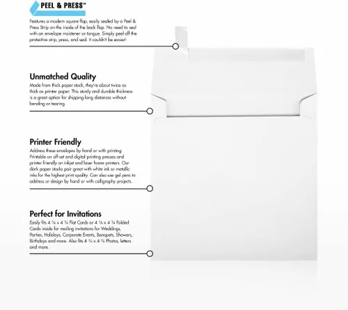 Miniatura 9 de LUXPaper Sobres cuadrados de invitación Despegar y prensar 5 x 5 pulgadas Blanco brillante Texto de 80 libras Cantidad de 500