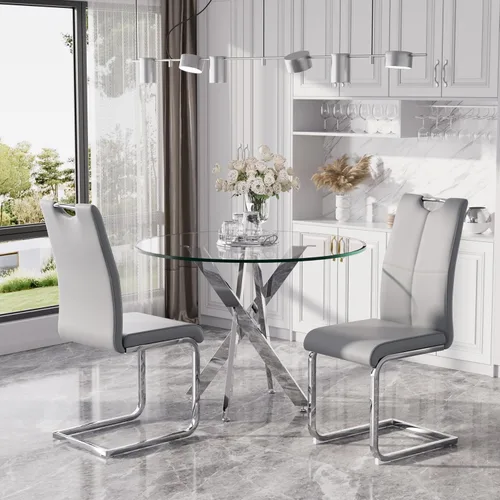 Miniatura 32 de Juego de mesa de comedor redonda moderna de vidrio de 36 pulgadas para 2, mesa de comedor de vidrio con patas cruzadas de metal, mesa de cocina