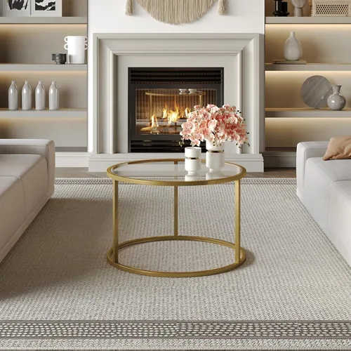 Miniatura 9 de SAYGOER Mesa de café pequeña de vidrio, mesa de café redonda dorada para espacios pequeños, mesa central moderna y simple con marco dorado para sala
