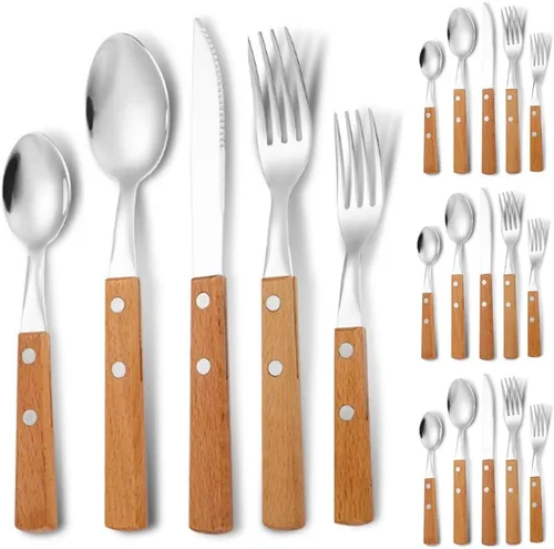 Miniatura 8 de Juego de 20 cubiertos de acero inoxidable con mango de madera maciza para 4 personas, cuchillo para carne, cuchara de postre (oscuro)