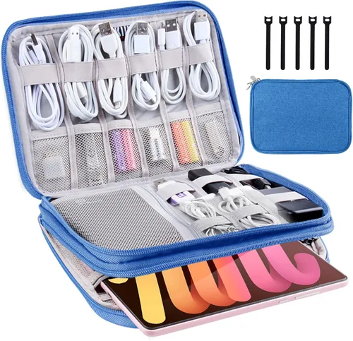 Miniatura 12 de Estuche organizador electrónico de viaje, bolsa para cables de viaje, resistente al agua, bolsa de doble capa para cables, cables, iPad Mini, regalo