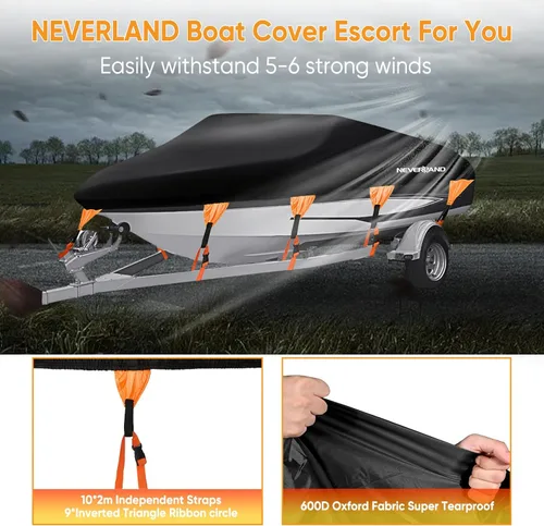 Miniatura 5 de NEVERLAND Funda impermeable para barco remolcable – Cubierta de lona de poliéster de grado marino de servicio pesado para barco que se adapta a 600D