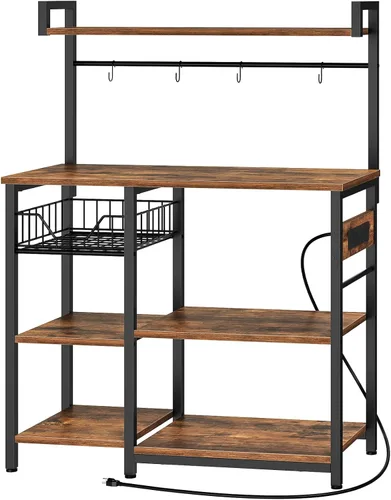 Miniatura 10 de HOOBRO Estante de Panadero de Cocina con Toma de Corriente, Barra de Café, Soporte para Horno de Microondas con Canasta de Malla, Estación de Café