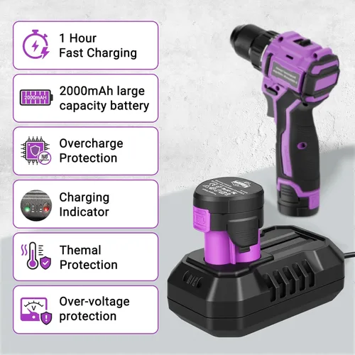 Miniatura 6 de Juego de taladro inalámbrico sin escobillas morado, kit de controlador compacto de 12 V con motor eléctrico, ajuste de par, 50 N.m, 2 velocidades
