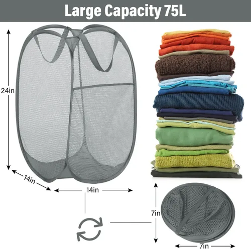 Miniatura 3 de BATTOO Paquete de 3 cestas plegables de malla fuerte para lavandería, cestas plegables con bolsillo lateral reforzadas para baño, habitación