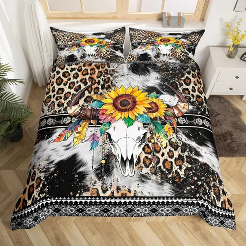 Miniatura 34 de Erosebridal Funda de edredón de piel de vaca marrón con estampado de vaca de las tierras altas, juego de ropa de cama occidental exótico azteca