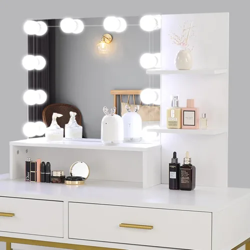 Miniatura 4 de Henf Escritorio negro con espejo y luces, mesa de tocador de maquillaje, 2 cajones y 3 estantes de almacenamiento, tocador de dormitorio