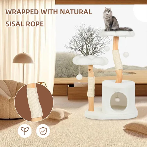 Miniatura 3 de Bonita torre de árbol para gatos de interior y adultos, árboles de madera con 6 pompones, moderna torre de árbol para gatos con poste rascador