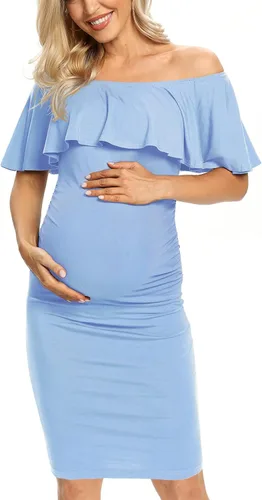 Miniatura 3 de Vestido de maternidad ajustado con volantes y hombros descubiertos, vestido de embarazo formal para baby showerfotografía