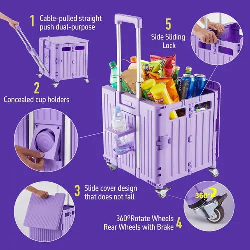 Miniatura 3 de Carrito de Utilidades Plegable Carrito Portátil con Caja con Ruedas Manual Carro de Compras Caja de Herramientas Plegable, con Tapa, Cesta en 4