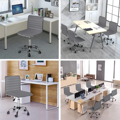 Miniatura 4 de Yaheetech Silla de oficina moderna de piel sintética sin brazos, 2 piezas, ajustable, con respaldo bajo, giratoria, ruedas rodantes, color gris