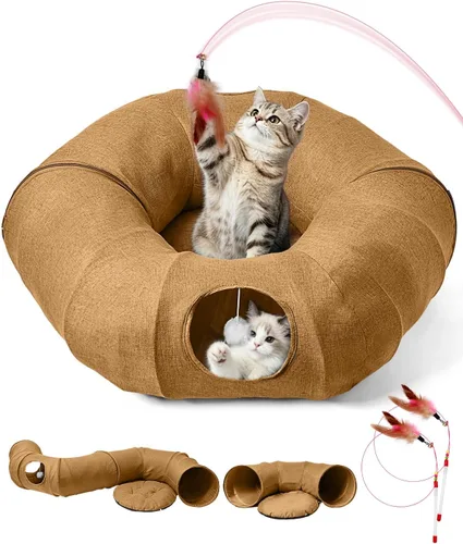 Odoland Cama de túneles para gatos de interior con juguetes interactivos para gatos, tubo para gatos con cojín lavable para gatos pequeños y