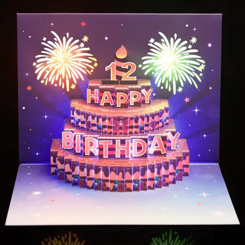 Miniatura 9 de Yinqing Tarjetas de cumpleaños número 11, tarjeta de felicitación de pastel de cumpleaños con luz y música, tarjeta de felicitación de regalo