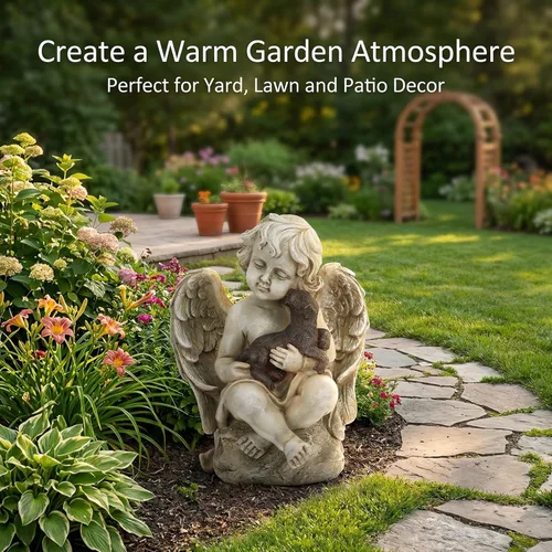 Miniatura 8 de DUSVALLY Angel Holding - Estatua de jardín para cachorros, escultura de querubín de resina resistente a la intemperie, decoración de jardín al aire