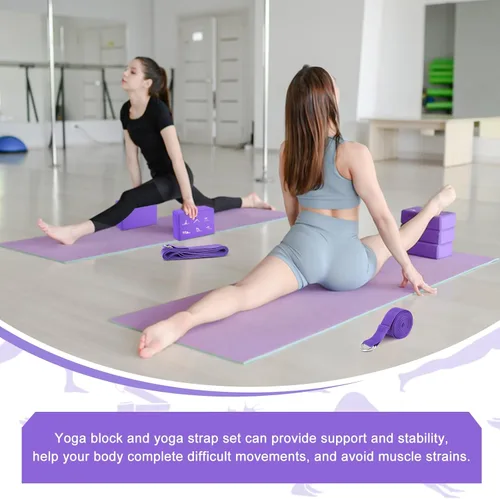 Miniatura 6 de RETON Juego de 2 bloques de yoga con correa, bloque de yoga rosa de alta densidad, bloques de espuma EVA ligeros, bloques de yoga, pilates, ladrillo