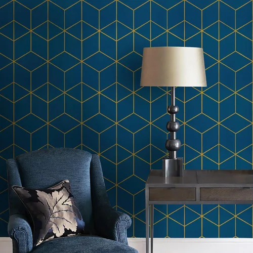 Miniatura 4 de Safiyya Papel tapiz geométrico azul y dorado, autoadhesivo, extraíble, impermeable, para paredes, rollo de vinilo de 118 x 17.3 pulgadas