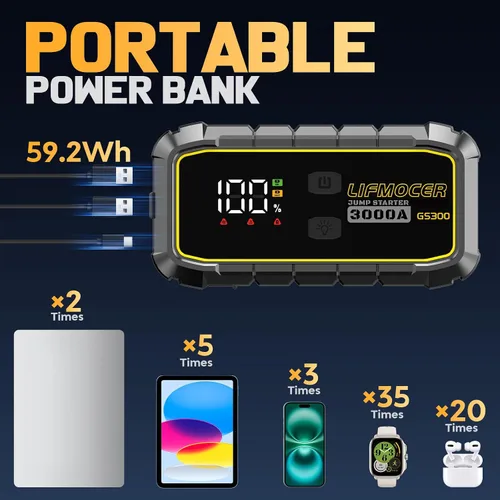 Miniatura 7 de GS300 Arrancador de coche, batería portátil de 3000 A para motores de gasolina de hasta 10.0 L y 8.0 L diésel, caja de salto de 59.2 WH 12 V