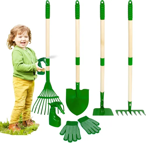 Duckura Juego de herramientas de jardinería para niños, 7 piezas de herramientas de jardín para niños con pala, rastrillo, azada, rastrillo de