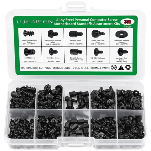 Kit de surtido de 350 tornillos para computadora, separadores de placa base de acero al carbono negro de 6-32 macho a M3 hembra para disco duro SSD