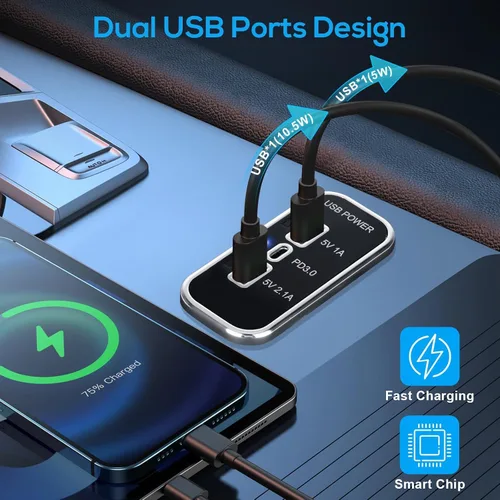 Miniatura 2 de Linkstyle Toma de corriente USB de 12 V, doble USB A y USB C de 18 W, panel de enchufe de cargador rápido con luz LED para montaje empotrado