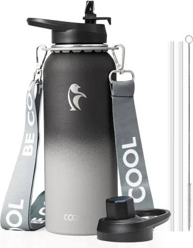 Miniatura 33 de Botella de agua Coolflask de 40 onzas con correa, botella de agua metálica aislada con popote y tapas con pico, acero inoxidable de doble pared al
