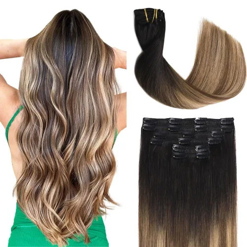 Miniatura 11 de Sindra Extensiones de cabello humano con clip, balayage 3/8/22 de color marrón oscuro a marrón ceniza y rubio dorado, extensiones de cabello humano