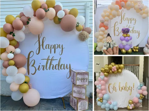 Miniatura 5 de Cartel de feliz cumpleaños dorado de 6.5 pies, cubierta de fondo circular blanco con 4 clips, telón de fondo redondo para fotografía, cartel dorado